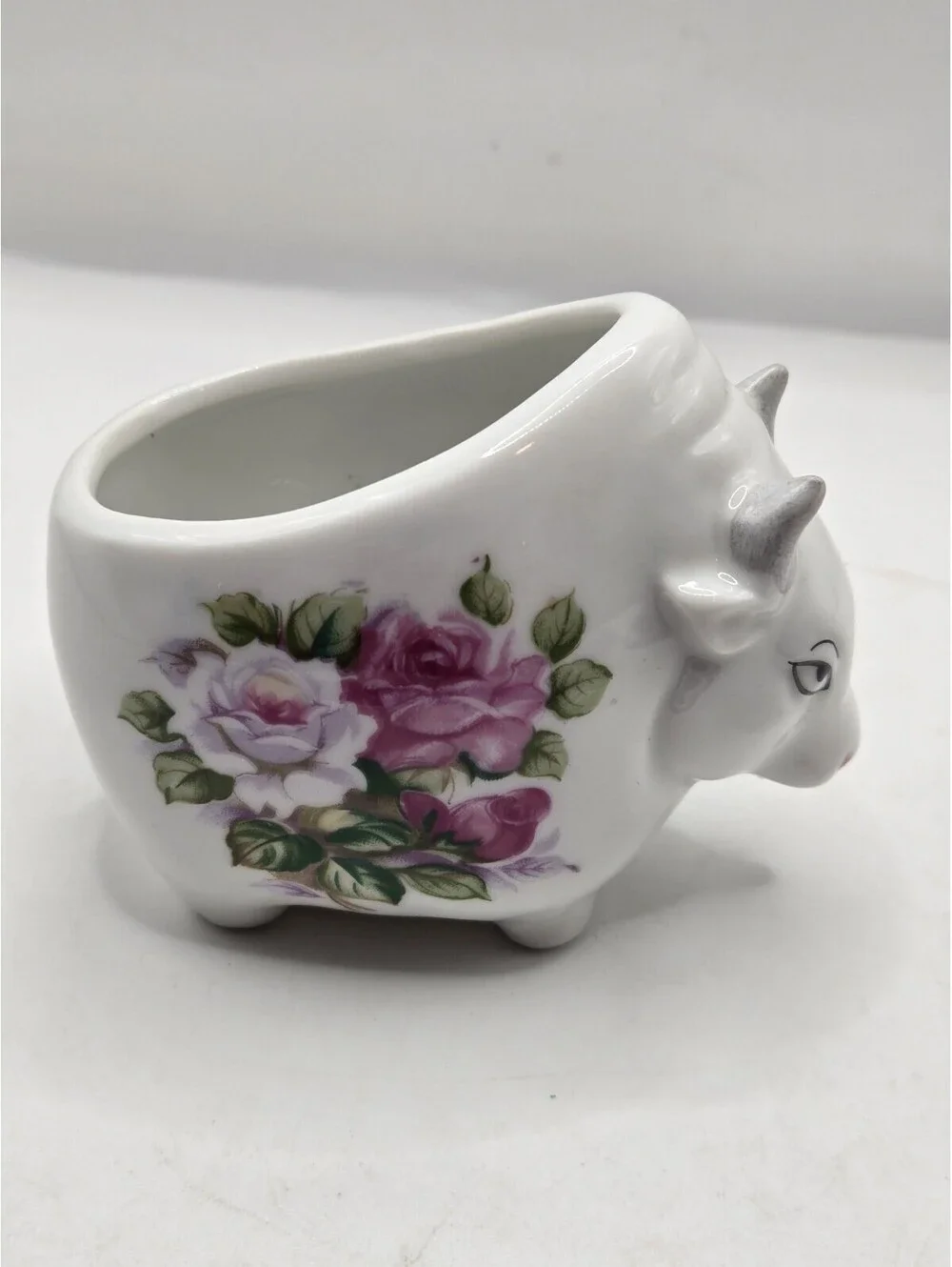 Vintage Japan Porcelain Cow Creamer Hand Painted Pink Roses Toothpick Holder
